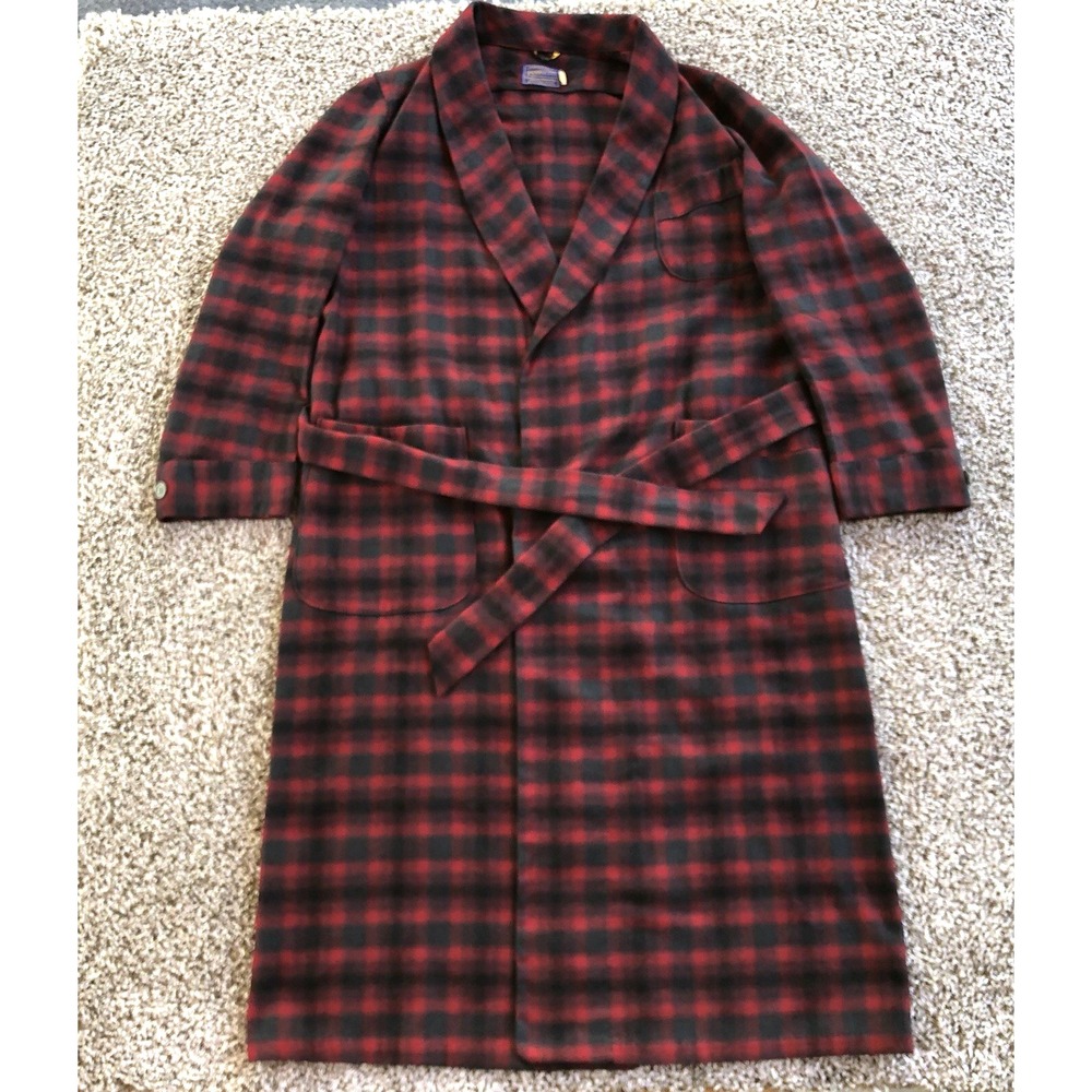 Vintage Pendleton Robe Mens Medium Red Plaid 100% Virgin Wool Belted Pockets EUC
